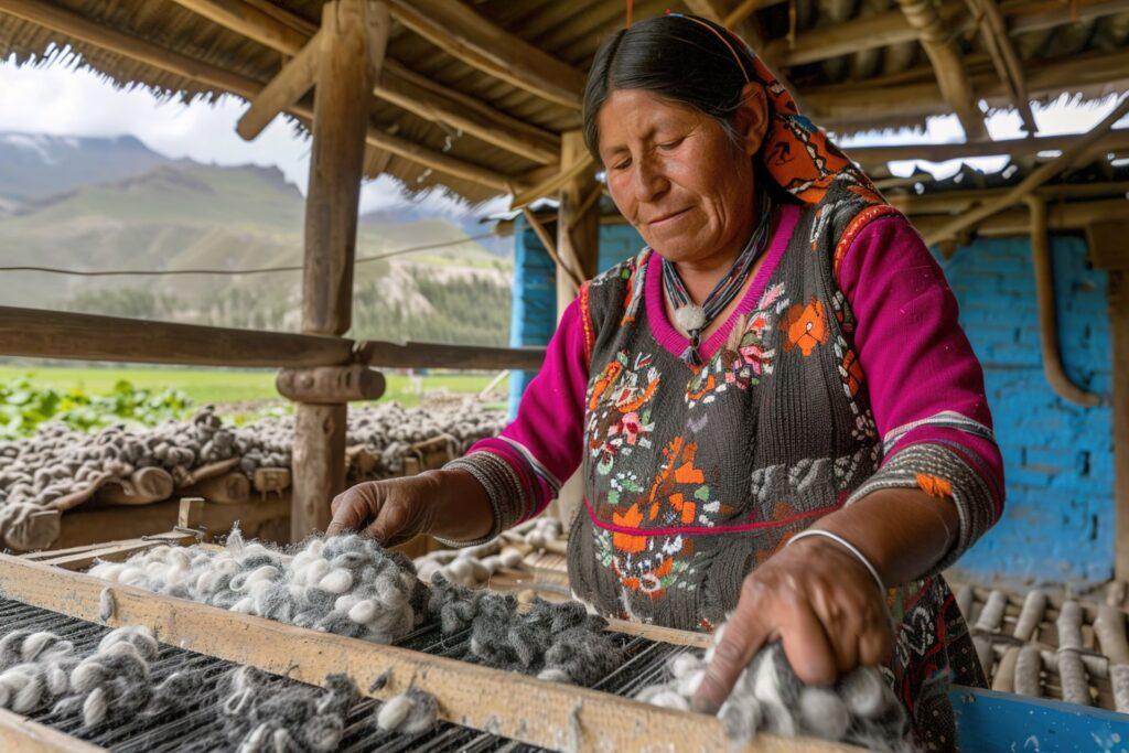 Traditionelle Herstellung von Alpaka Plaids in den peruanischen Anden