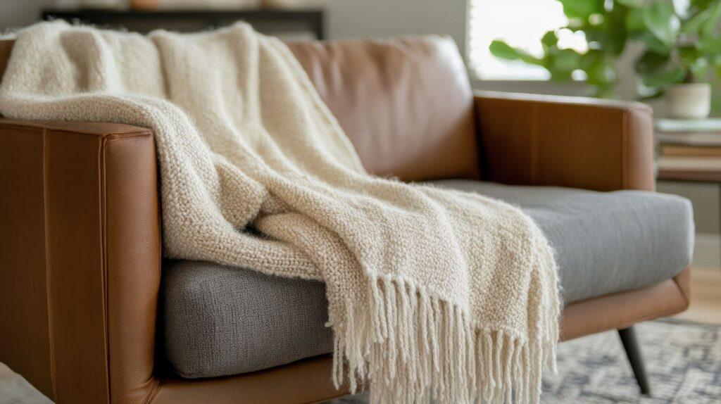 Hochwertiges Alpaka Plaid auf stilvollem Ledersessel im Wohnzimmer
