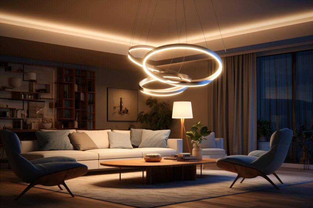 Wohnzimmer mit Ringleuchten und LED Leuchtrahmen