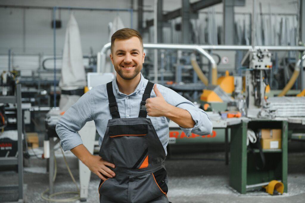 Mitarbeiter in Produktionshalle mit Daumen hoch | Predictive Maintenance